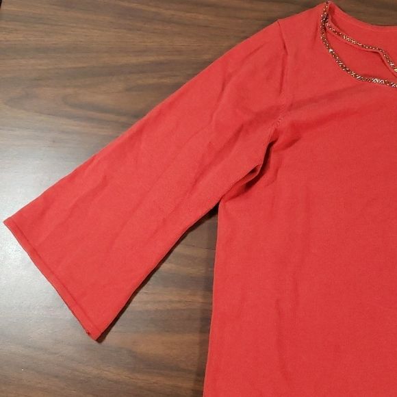 Bob Mackie Wearable Art Cut Out Neckline Necklace Look Beaded Rust Sweater Large - Picture 2 of 9